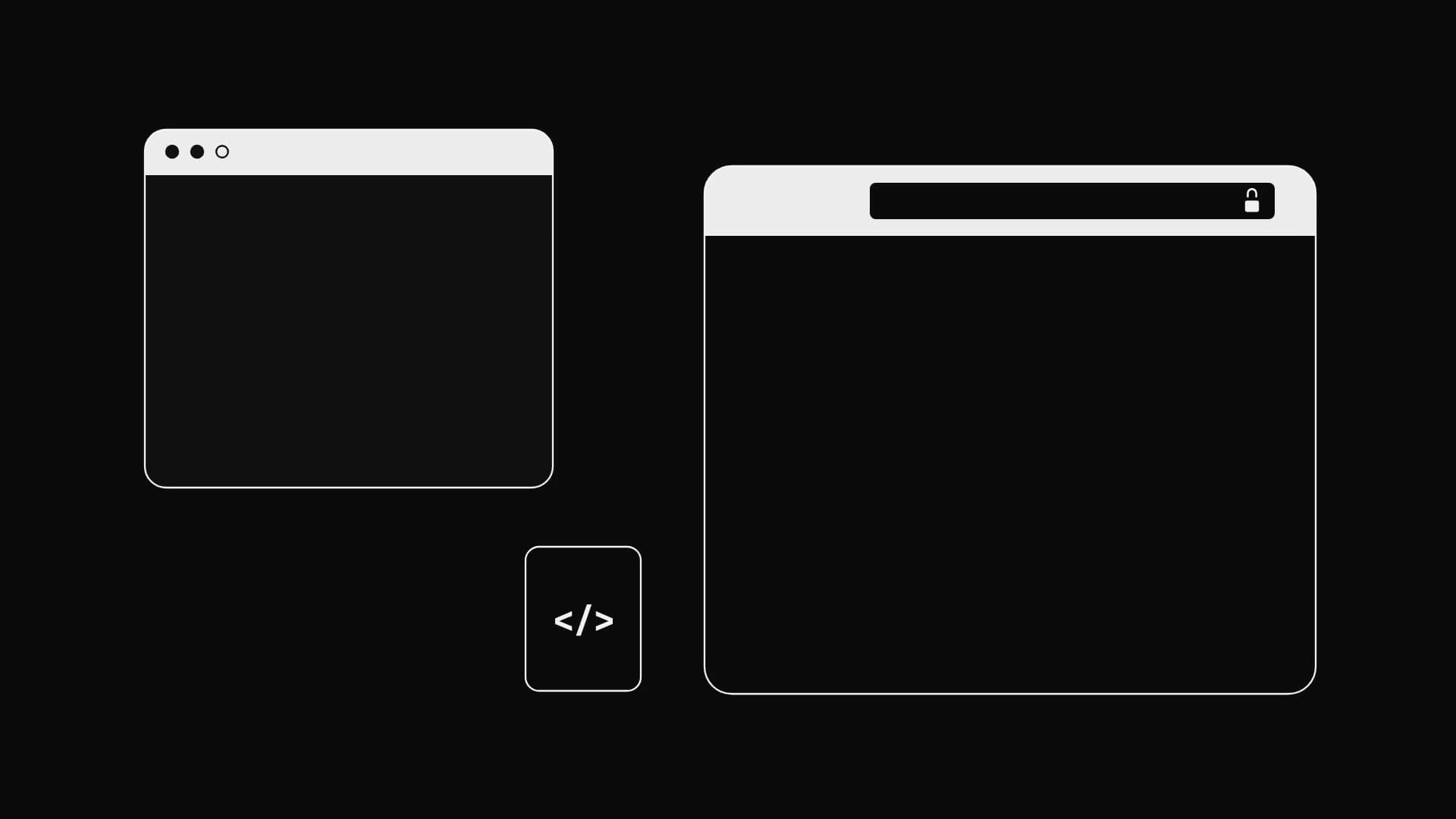 Animation: an AI chat window writes HTML, which becomes a rendered page in a browser behind a shareable link.